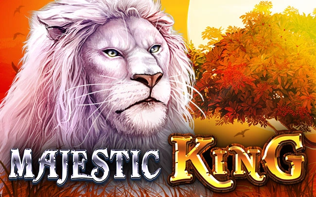 Majestic King Slot mit Löwensymbol vor Savannen-Hintergrund