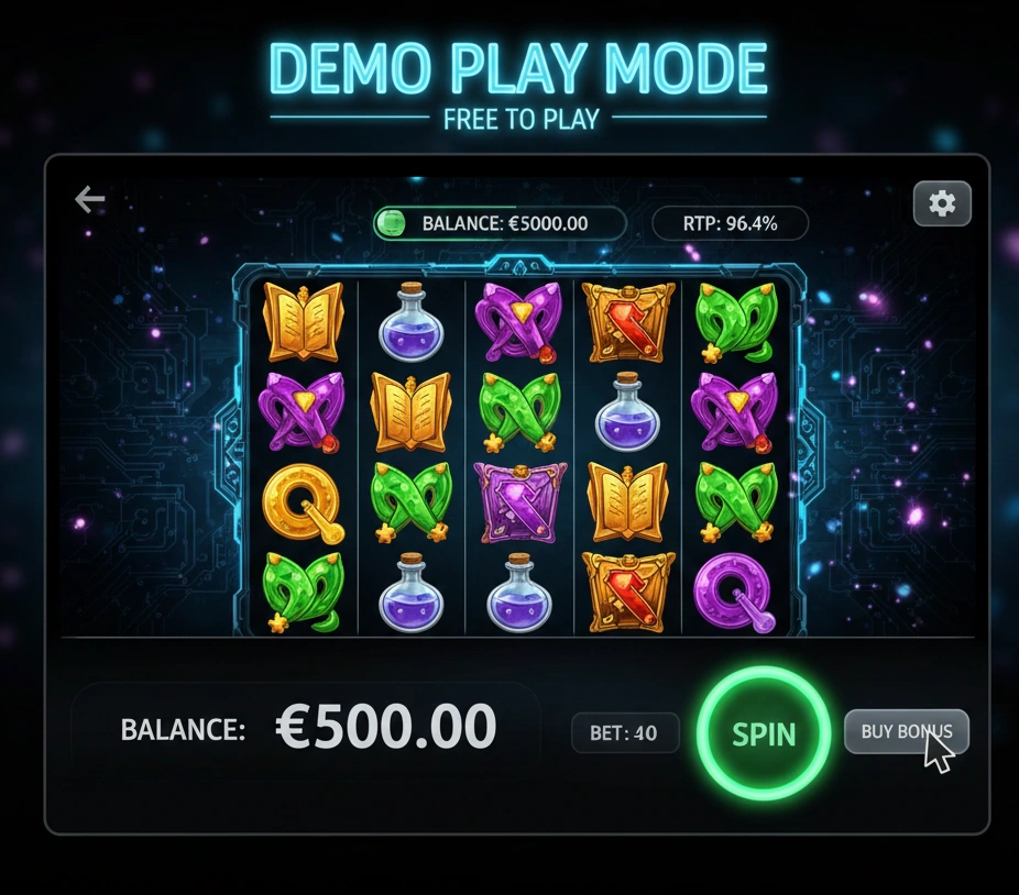 Free demo play interface showing slot game with play money balance