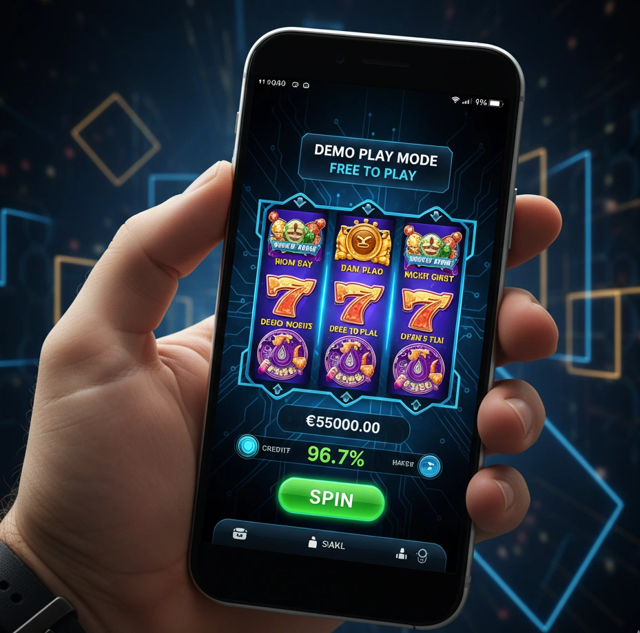 Smartphone displaying slot game in free demo mode