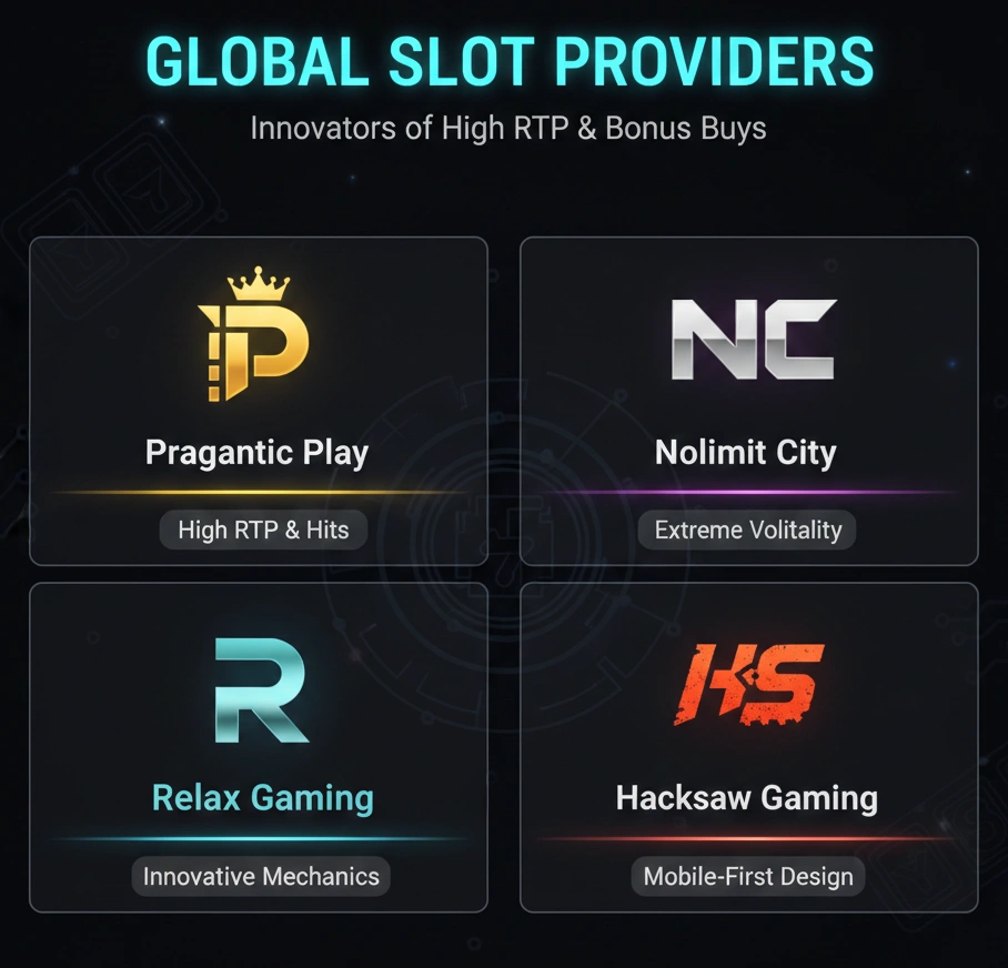Major casino software providers including Pragmatic Play, NetEnt, and Evolution