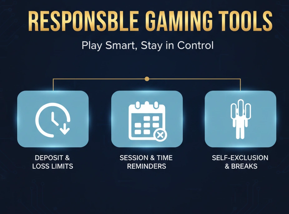Responsible gaming tools including deposit limits and session timers