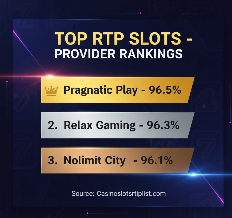 Top 10 highest RTP slots showing game icons and percentage values
